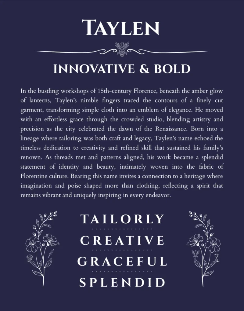 Taylen custom name art showing meaning and origin in navy blue
