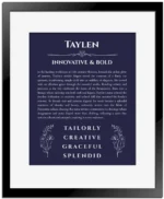 Taylen custom name art showing meaning and origin in navy blue with black matte frame