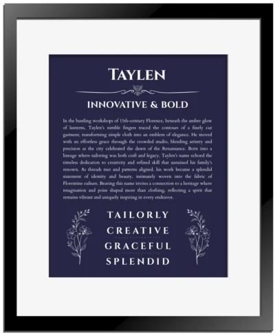 Taylen custom name art showing meaning and origin in navy blue with black matte frame