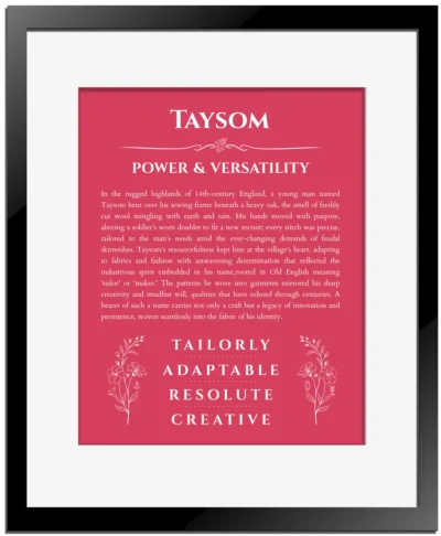 Taysom name meaning wall art by Get Your Story in red with black matte frame