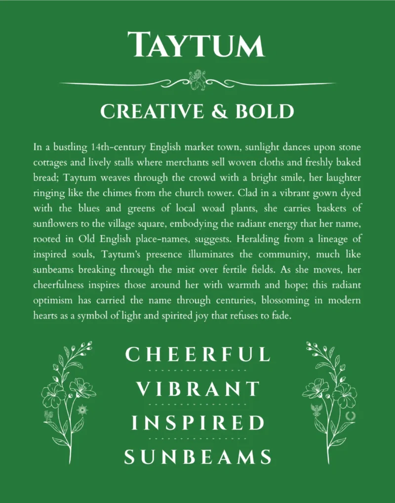Taytum custom name art showing meaning and origin in dark green