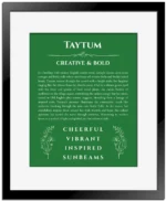 Taytum custom name art showing meaning and origin in dark green with black matte frame