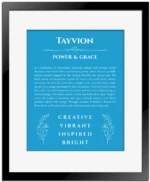 Tayvion custom name meaning print in blue with black matte frame