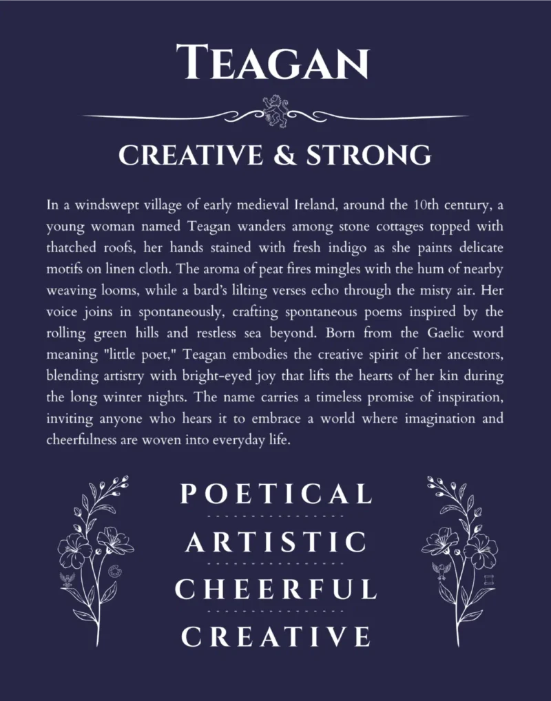 Teagan name origin print with meaning and traits in navy blue