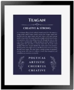 Teagan name origin print with meaning and traits in navy blue with black matte frame