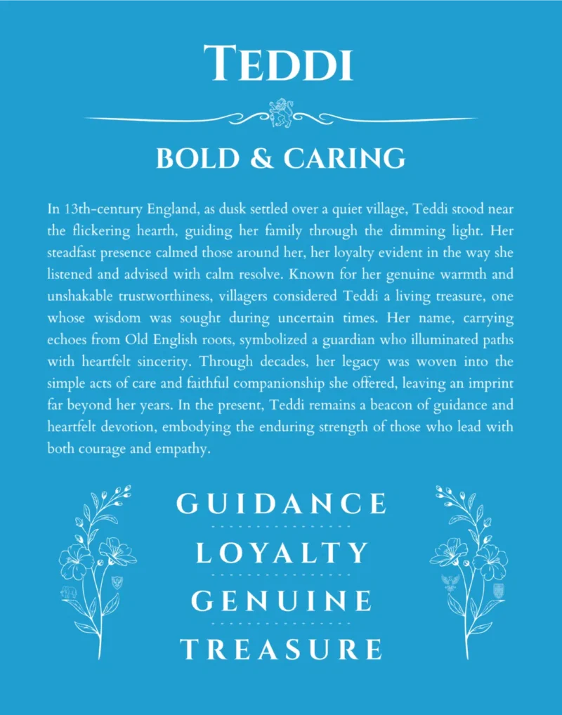 Teddi custom name art showing meaning and origin in blue