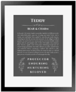 Teddy personalized name meaning print in gray with black matte frame