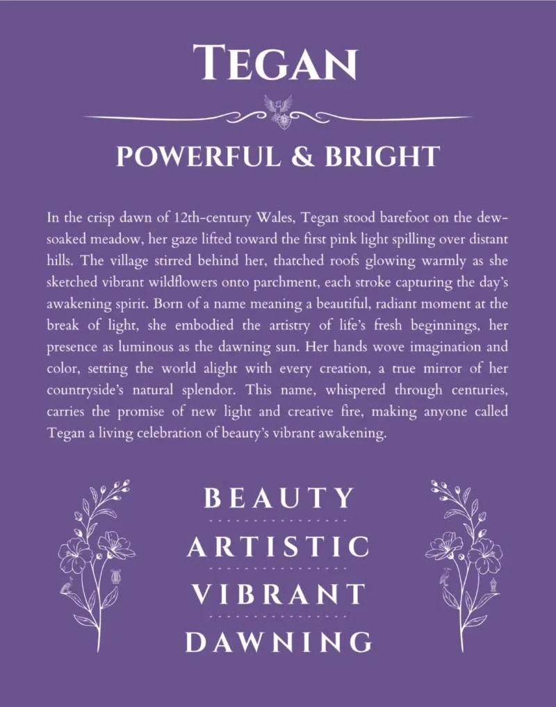 Tegan personalized name print with origin and traits in purple