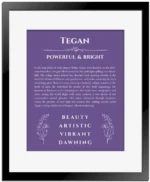 Tegan personalized name print with origin and traits in purple with black matte frame