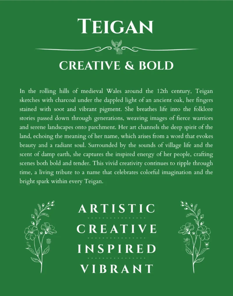 Teigan personalized wall art with the story of your name in dark green
