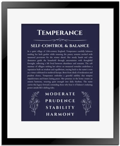 Temperance name meaning gift print in navy blue with black matte frame