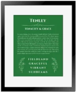 Tenley personalized wall art with the story of your name in dark green with black matte frame