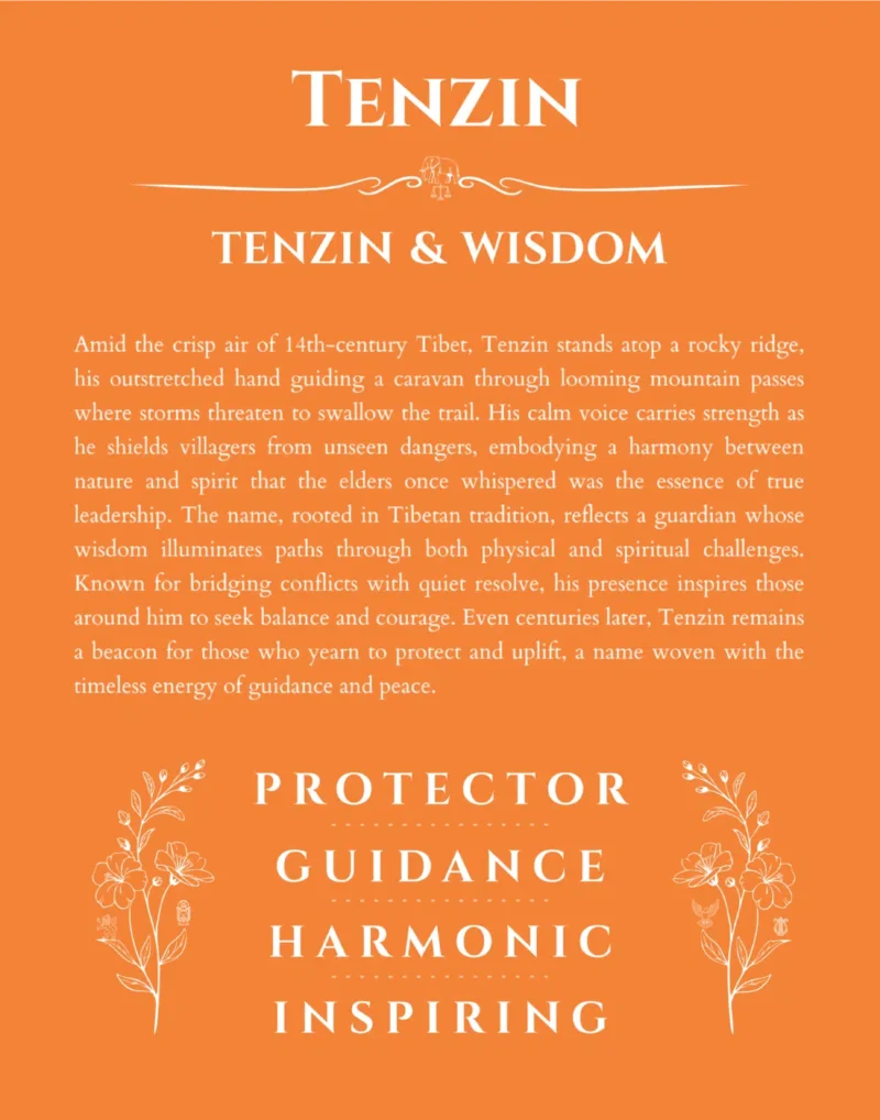 Tenzin custom name art showing meaning and origin in orange