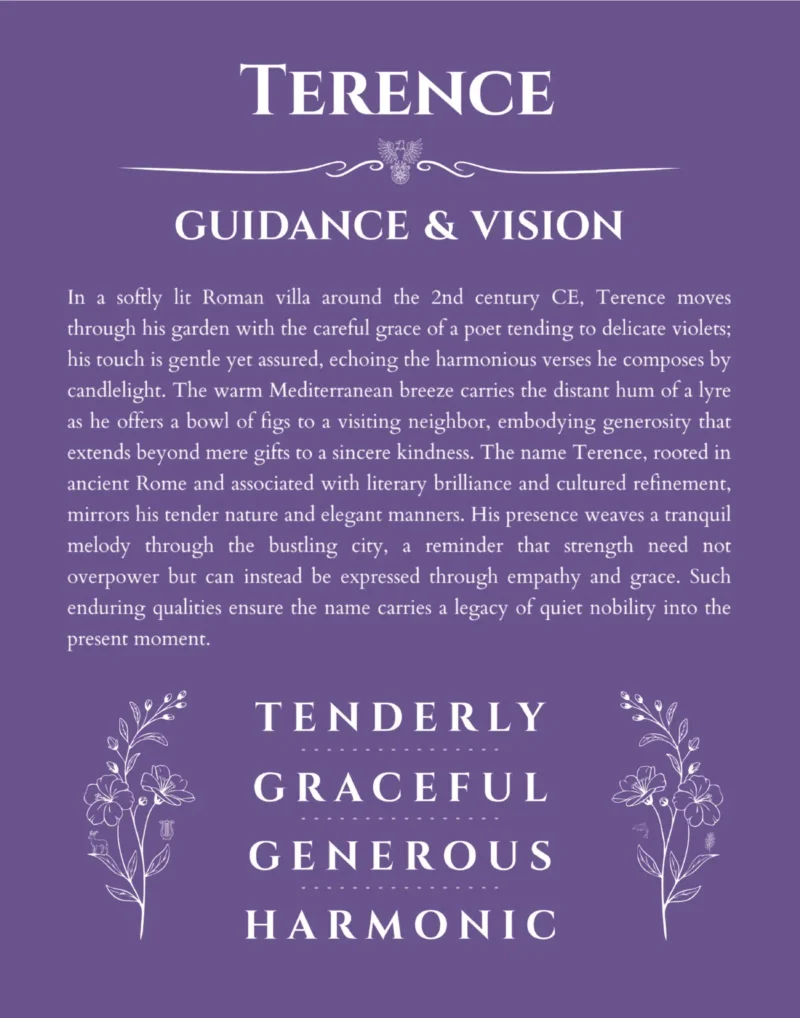 Terence personalized name art with origin story in purple