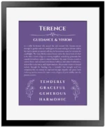 Terence personalized name art with origin story in purple with black matte frame