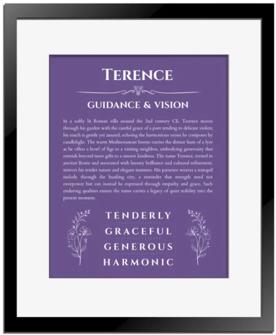 Terence personalized name art with origin story in purple with black matte frame