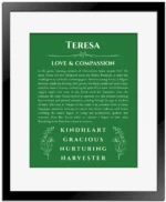 Teresa personalized wall art with the story of your name in dark green with black matte frame