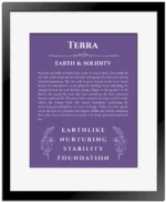 Terra personalized wall art with the story of your name in purple with black matte frame
