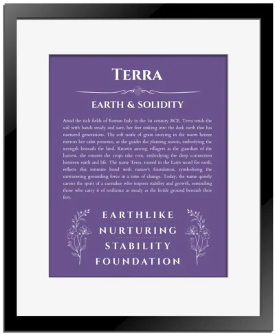 Terra personalized wall art with the story of your name in purple with black matte frame
