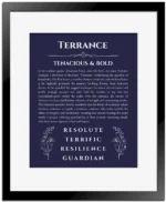 Terrance custom name print for wall display in navy blue with black matte frame