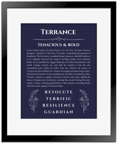 Terrance custom name print for wall display in navy blue with black matte frame