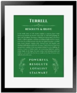 Terrell custom name art showing meaning and origin in dark green with black matte frame