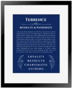 Terrence name meaning gift print in deep blue with black matte frame