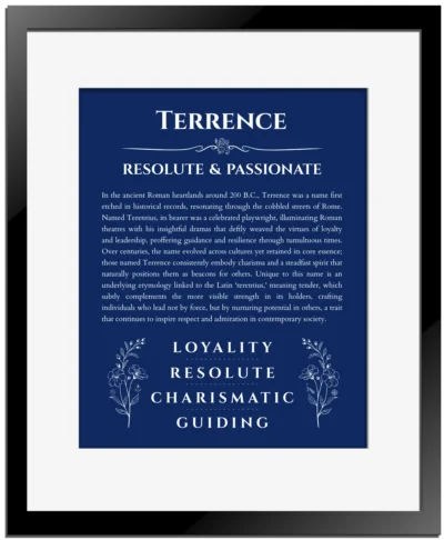 Terrence name meaning gift print in deep blue with black matte frame
