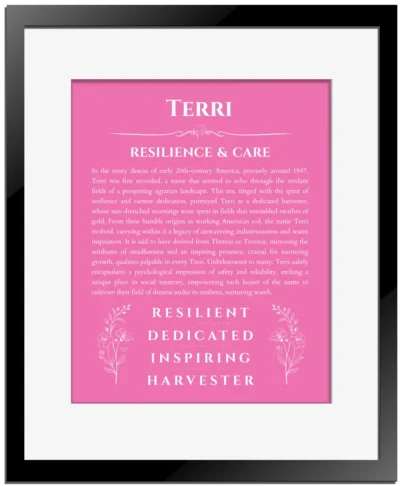 Terri personalized name meaning print in pink with black matte frame