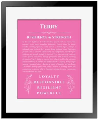 Terry personalized name meaning print in pink with black matte frame