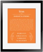 Tess custom name print for wall display in orange with black matte frame