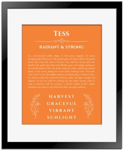 Tess custom name print for wall display in orange with black matte frame