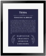 Tessa personalized wall art with the story of your name in navy blue with black matte frame