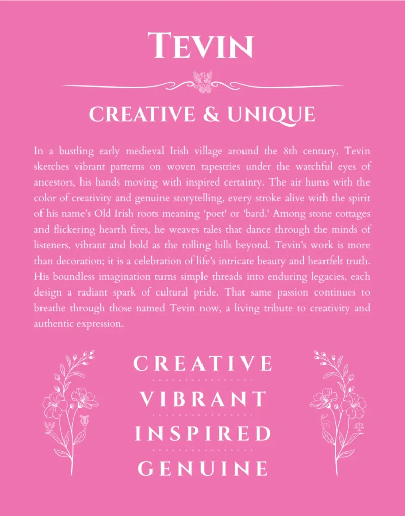 Tevin personalized name print with origin and traits in pink