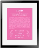 Tevin personalized name print with origin and traits in pink with black matte frame