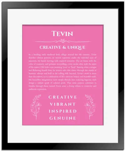 Tevin personalized name print with origin and traits in pink with black matte frame