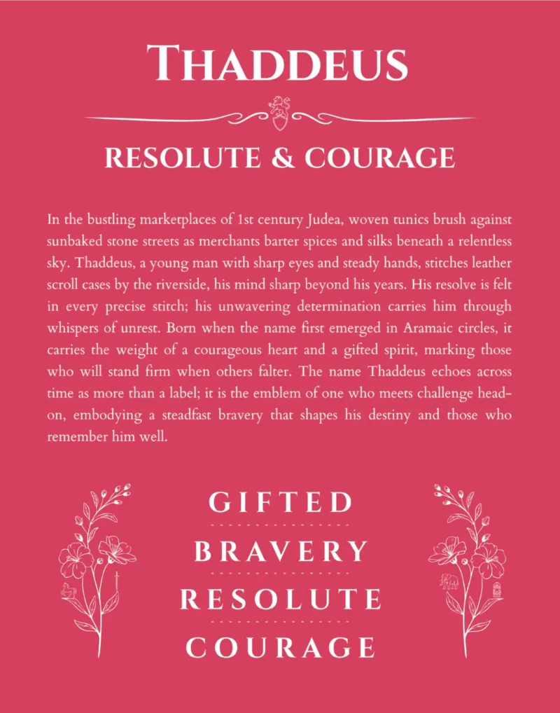 Thaddeus name origin print with meaning and traits in red