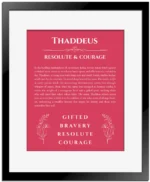 Thaddeus name origin print with meaning and traits in red with black matte frame