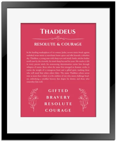 Thaddeus name origin print with meaning and traits in red with black matte frame