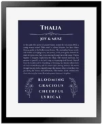Thalia personalized name meaning print in navy blue with black matte frame