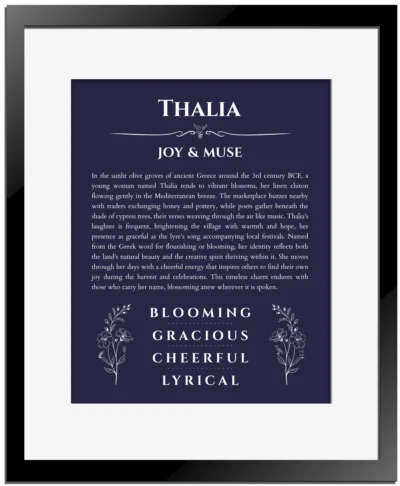 Thalia personalized name meaning print in navy blue with black matte frame