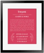 Thane personalized name print with origin and traits in red with black matte frame