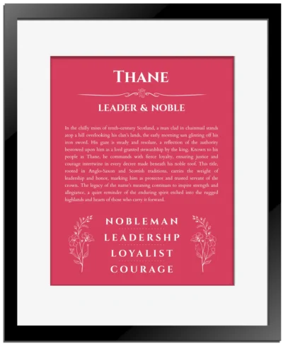 Thane personalized name print with origin and traits in red with black matte frame