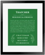 Thatcher name meaning gift print in dark green with black matte frame