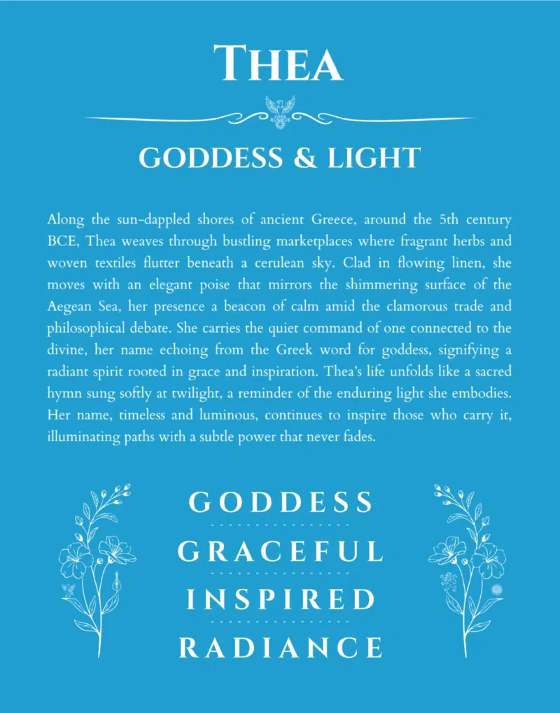 Thea name origin print with meaning and traits in blue