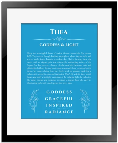 Thea name origin print with meaning and traits in blue with black matte frame