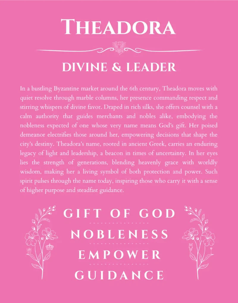 Theadora personalized name art with origin story in pink