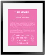 Theadora personalized name art with origin story in pink with black matte frame