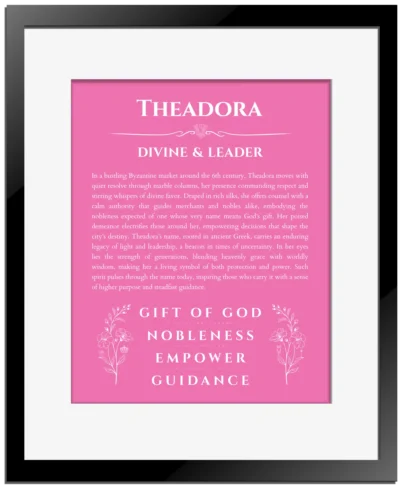 Theadora personalized name art with origin story in pink with black matte frame
