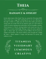 Theia personalized name print with origin and traits in dark green